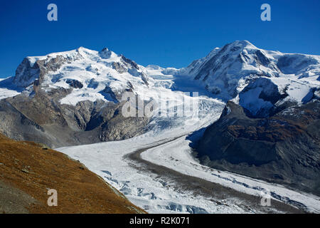 View from the Rotenboden to Monte Rosa, Gorner Glacier and Liskamm. Stock Photo