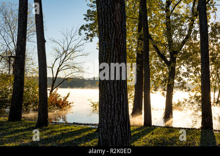 Sunrise and morning mist on a frosty morning overlooking the Mississippi river.  Bellevue, Iowa. Stock Photo