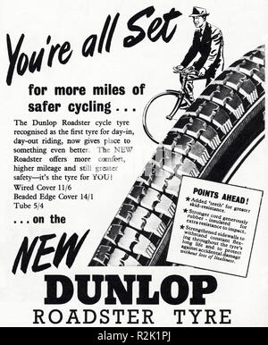 Original 1950s vintage old print advertisement from English magazine advertising Dunlop Roadster tyre circa 1954 Stock Photo