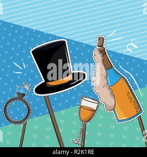 Booth prop party and fashion elements over dotted and striped blue background vector illustration graphic design Stock Vector