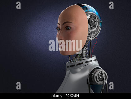 Female robot Android with realistic face, mechanical back of the head and upper body. Half-close-up side view, against dark purple background.