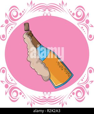 Champagne bottle open with foam pink vintage round frame vector illustration graphic design Stock Vector
