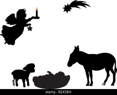 Silhouette angel babe lamb donkey and christmas star Stock Vector