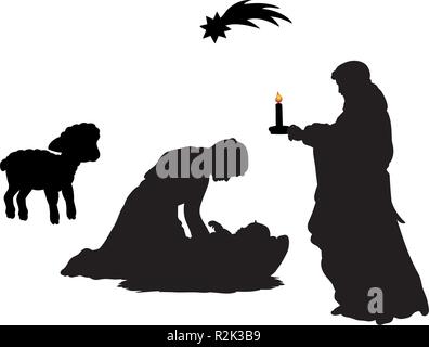 Silhouette Christmas family father Joseph mom Maria with baby Je Stock Vector