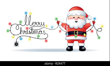 Merry Christmas banner with funny Santa Claus and handwritten text as a garland of Christmas lights. Vector illustration. Stock Vector