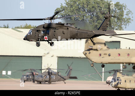 EINDHOVEN, THE NETHERLANDS - JUN 22, 2018: United States Army Sikorsky UH-60 Blackhawk transport helicopter taking off. Stock Photo