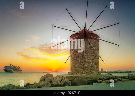 A long exposure photograph of one of the windmills at Rhodes town on the historic Greek island Stock Photo