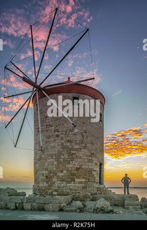A long exposure photograph of one of the windmills at Rhodes town on the historic Greek island Stock Photo