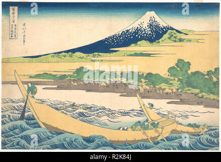 Tago Bay near Ejiri on the Tokaido (Tokaido Ejiri Tago no ura ryaku zu), from the series Thirty-six Views of Mount Fuji (Fugaku sanjurokkei). Artist: Katsushika Hokusai (Japanese, Tokyo (Edo) 1760-1849 Tokyo (Edo)). Culture: Japan. Dimensions: 9 3/4 x 14 3/8 in. (24.8 x 36.5 cm). Date: ca. 1830-32.  Men struggle to steer their junks through the strong currents of Tago Bay while a fisherman casts his net into the turbulent sea. The curved shape of the mountain, echoing that of the junks, serves as a counterpoise to the foreground scene. Museum: Metropolitan Museum of Art, New York, USA. Stock Photo