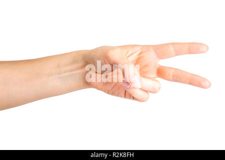 Female hand showing two fingers in the peace symbol or scissors Stock Photo