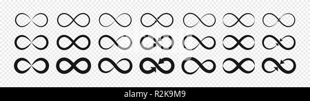 Set of black infinity symbols and signs silhouettes. Isolated on transparent background. Stock Vector