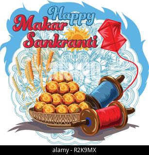 illustration of Happy Makar Sankranti wallpaper with colorful kite string for festival of India. Isolated image Stock Vector
