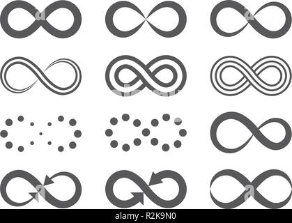 Black infinity symbols. Repetition icons and signs illustration on white background. Stock Vector