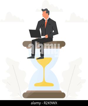 Businessman with laptop sits on a big hourglass. Success, champion, victory, sandglass concept. Business time management illustration. Stock Vector