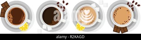 Four types of coffee in cups with slices of lemon and chocolate. The view from the top. Stock Vector