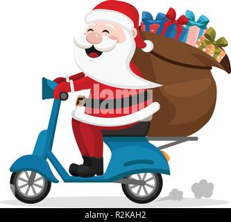 Santa Claus carries a scooter bag with gifts. Stock Vector