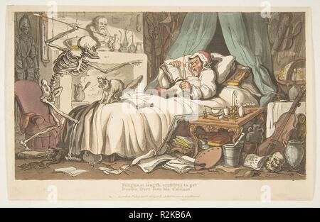 The Antiquary's Last Will and Testament (The English Dance of Death, plate 2). Artist: Thomas Rowlandson (British, London 1757-1827 London). Dimensions: image: 4 13/16 x 8 1/4 in. (12.2 x 21 cm)  sheet: 5 9/16 x 8 5/8 in. (14.1 x 21.9 cm). Publisher: Published by Rudolph Ackermann, London (active 1794-1829). Series/Portfolio: The Dance of Death. Date: April 1, 1814. Museum: Metropolitan Museum of Art, New York, USA. Stock Photo