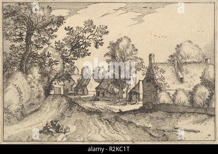 A Village Road from Regiunculae et Villae Aliquot Ducatus Brabantiae. Artist: Claes Jansz. Visscher (Dutch, Amsterdam 1586-1652 Amsterdam); After The Master of the Small Landscapes (Netherlandish, 16th century). Dimensions: Plate: 4 1/8 x 6 3/16 in. (10.4 x 15.7 cm)  Sheet: 5 1/16 x 7 1/16 in. (12.8 x 18 cm). Publisher: Claes Jansz. Visscher (Dutch, Amsterdam 1586-1652 Amsterdam). Date: ca. 1610. Museum: Metropolitan Museum of Art, New York, USA. Author: Claes Jansz. Visscher. After The Master of the Small Landscapes. Claes Jansz Visscher after Johannes van Doetechum, the Elder after Lucas van Stock Photo