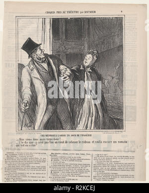 A misapprehension at the Odeon, on a day of drama, from 'Theater sketches,' published in Le Charivari, May 4, 1864. Artist: Honoré Daumier (French, Marseilles 1808-1879 Valmondois). Dimensions: Image: 8 7/8 × 8 5/16 in. (22.5 × 21.1 cm)  Sheet: 14 1/8 × 11 5/16 in. (35.8 × 28.8 cm). Printer: Destouches (Paris). Publisher: Aaron Martinet (French, 1762-1841). Series/Portfolio: 'Theater sketches' (Croquis pris au théatre). Date: May 4, 1864.  - Come on, come on let's go!   - I am telling you it's not finished. The curtain has gone up again and there is still Roman on the stage. Museum: Metropolit Stock Photo