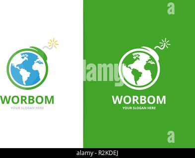 Vector earth and bomb logo combination. Globe and terrorism symbol or icon. Unique conflict, world, global, ecology, warming logotype design template. Stock Vector