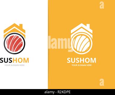 Vector sushi and real estate logo combination. Japanese food and house symbol or icon. Unique seafood and rent logotype design template. Stock Vector