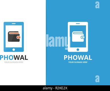 Vector wallet and phone logo combination. Purse and mobile symbol or icon. Unique finance and device logotype design template. Stock Vector