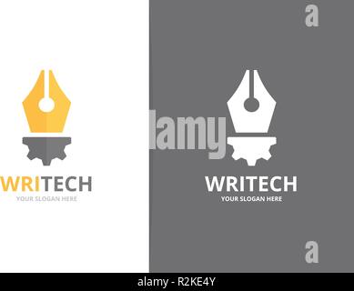 Vector pen and gear logo combination. Write and mechanic symbol or icon. Unique law and industrial logotype design template. Stock Vector