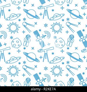 Seamless pattern with telescope, UFO, satellite, planets, astronaut, orbital station, sun, stars. Space exploration. Astronomy. Science. Stock Vector