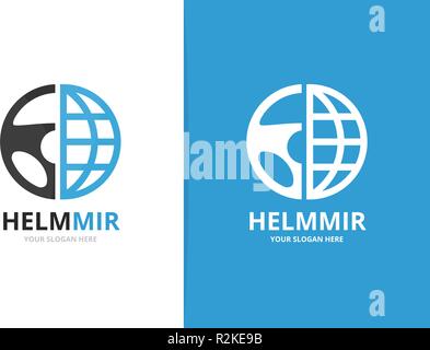Vector car helm and planet logo combination. Steering wheel and world symbol or icon. Unique rudder and globe logotype design template. Stock Vector