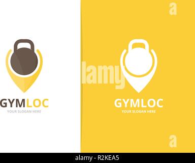 Vector sport and map pointer logo combination. Gym and gps locator symbol or icon. Unique fitness and pin logotype design template. Stock Vector