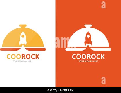 Vector dish and rocket logo combination. Plate and start up symbol or icon. Unique kitchen and spaceship logotype design template. Stock Vector