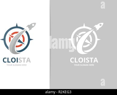 Vector compass and rocket logo combination. Navigation and airplane symbol or icon. Unique travel and flight logotype design template. Stock Vector