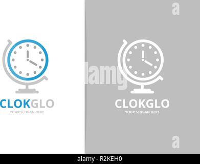 Vector clock and globe logo combination. Time planet symbol or icon. Unique express logotype design template. Stock Vector