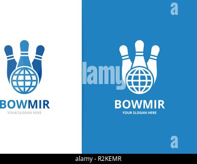 Vector bowling and planet logo combination. Game and world symbol or icon. Unique kegling and globe logotype design template. Stock Vector
