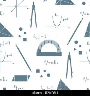 Mathematical scientific vector seamless pattern with geometry plots, tools and formulas. Education elements. Compasses, protractor, pencil, graphics,  Stock Vector