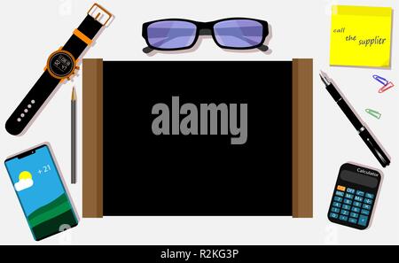 Top view on the desk with various accessories and stationery. Vector illustration. Stock Vector