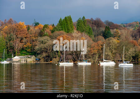 Yachts Moored on Lake Windermere near Bowness with Beautiful Autumn Colours Lake District National Park Cumbria England United Kingdom UK Stock Photo