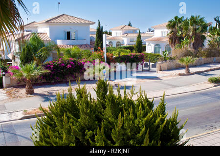 View on a street with many white villas, several small palm trees, green bushes, pink flowers and lush foliage. Warm clear summer morning. Agia Napa,  Stock Photo