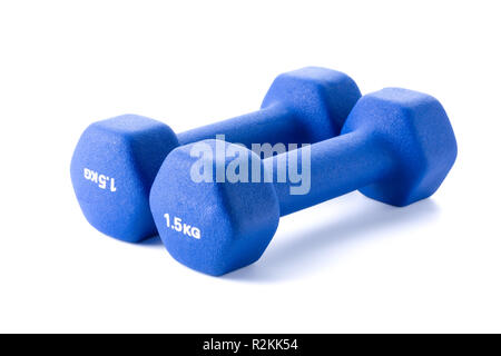 Two small blue dumbbells isolated on white background, Stock Photo