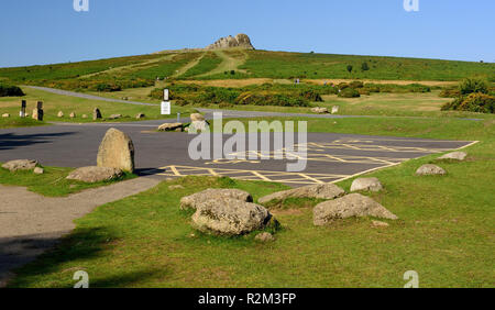 Disabled parking spaces at Haytor Visitor Centre on Dartmoor, looking towards Haytor Rocks. Stock Photo