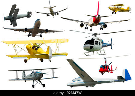Collage of different modern airplanes isolated on white background Stock Photo