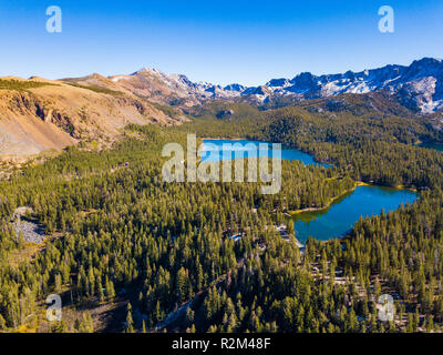 An aerial landscape of Twin Lakes and the surrounding mountains located in Mammoth Lakes, California, USA Stock Photo