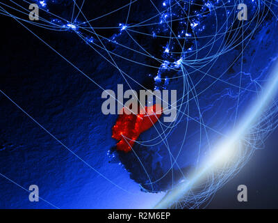 Ecuador on green model of planet Earth with network at night. Concept ...