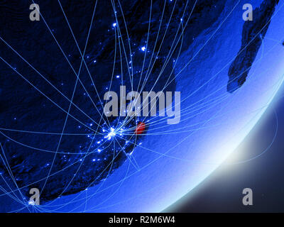 eSwatini on green model of planet Earth with network at night. Concept of blue digital technology, communication and travel. 3D illustration. Elements Stock Photo