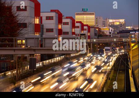 Autobahn A40, Ruhrschnellweg Highway, in Essen, route through the city center, is affected by a possible diesel ban, Skyline, Germany, Stock Photo