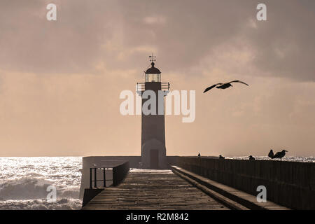 lighthouse at the foz of rio Douro, in the city of Porto, Portugal Stock Photo