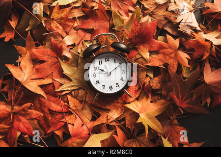 Autumn season time, retro vintage alarm clock in dry fall leaves - daylight saving time concept Stock Photo