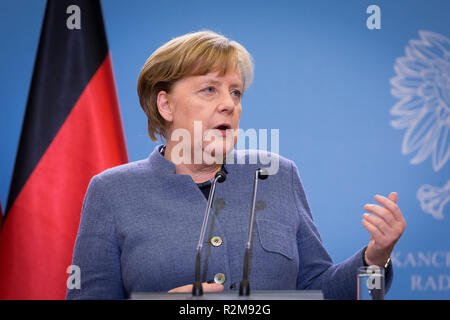 German Chancellor Angela Merkel attend a press conference with Polish Prime Minister Mateusz Morawiecki after their meeting at the Chancellery of the Prime Minister in Warsaw, Poland on 19 March 2018 Stock Photo