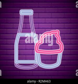 drink with cupcake neon light label vector illustration design Stock Vector