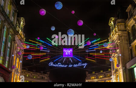 London, UK - November 19th 2018: A view of the festive Christmas lights on Oxford Street in London. Stock Photo